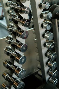 Close-up of chrome dumbbells neatly organized on a rack in a modern gym to demonstrate protein powder blog