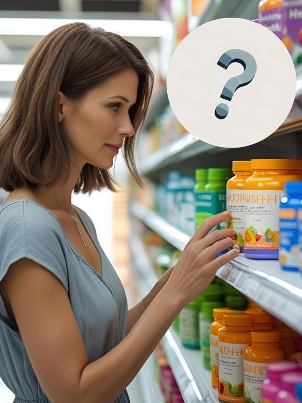 confused lady in supermarket with dietary supplements