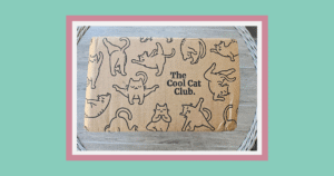 packaging box for the cool cat club delivery showing pictures of cute cat cartoons