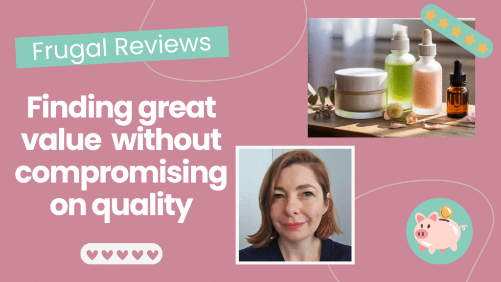 Frugal Kitty photo of creator and some products which are high quality at an affordable price