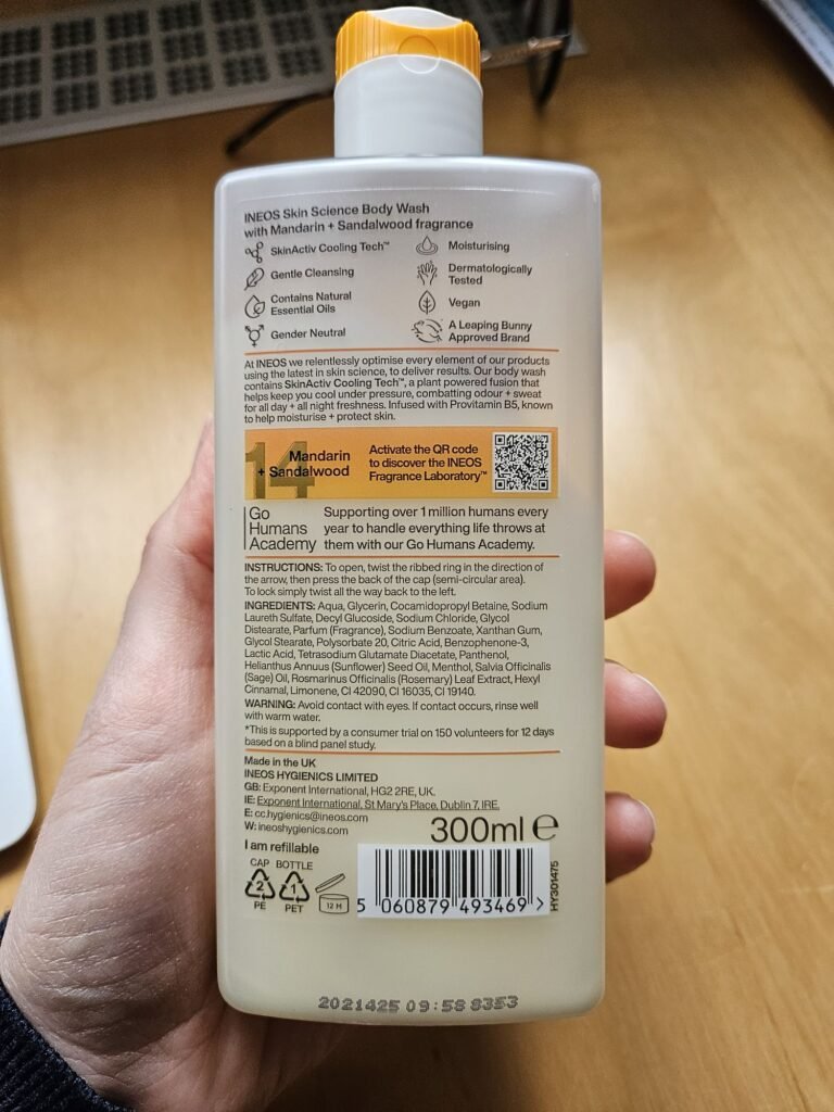 A picute of the INEOS Hygienics Mandarin and Sandlewood Body Wash from the back with the ingredients list