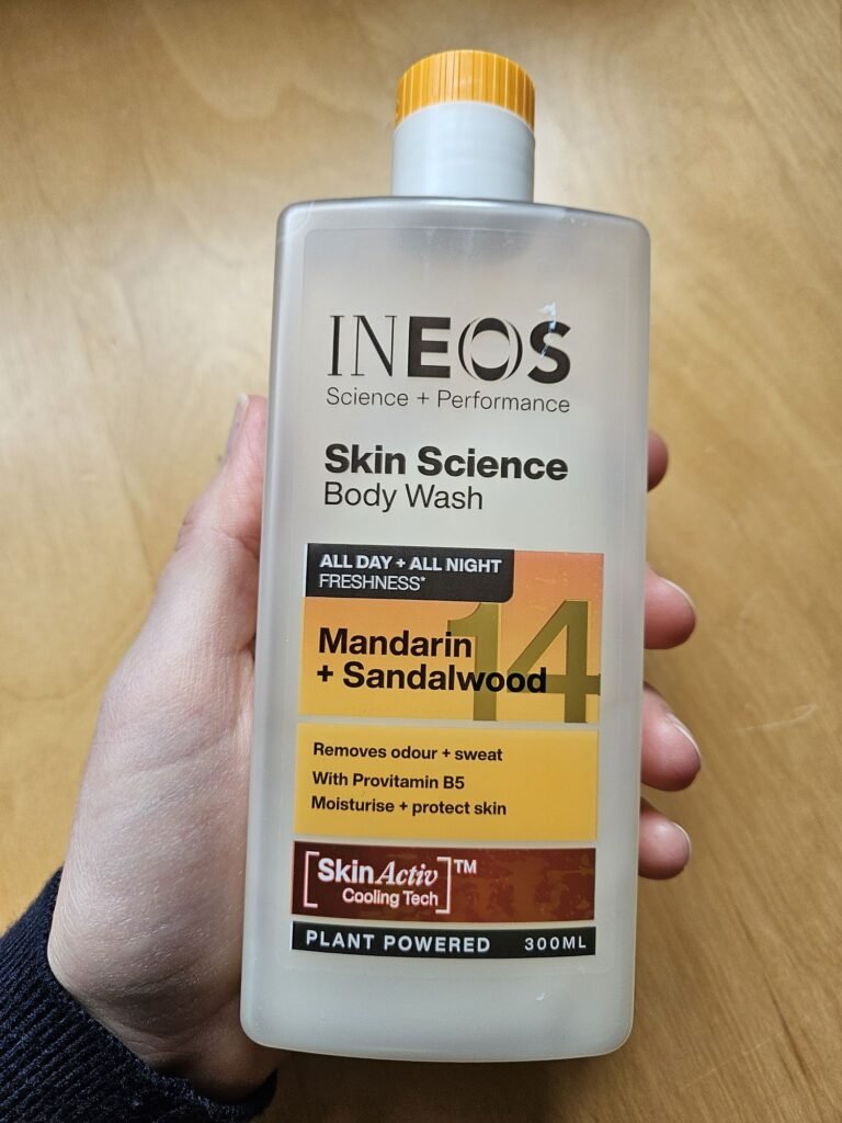 A picute of the INEOS Hygienics Mandarin and Sandlewood Body Wash from the front