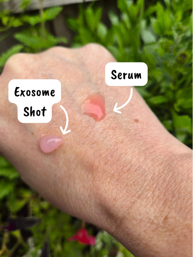 Comparison of Exosome shot and Pink serum on back of hand